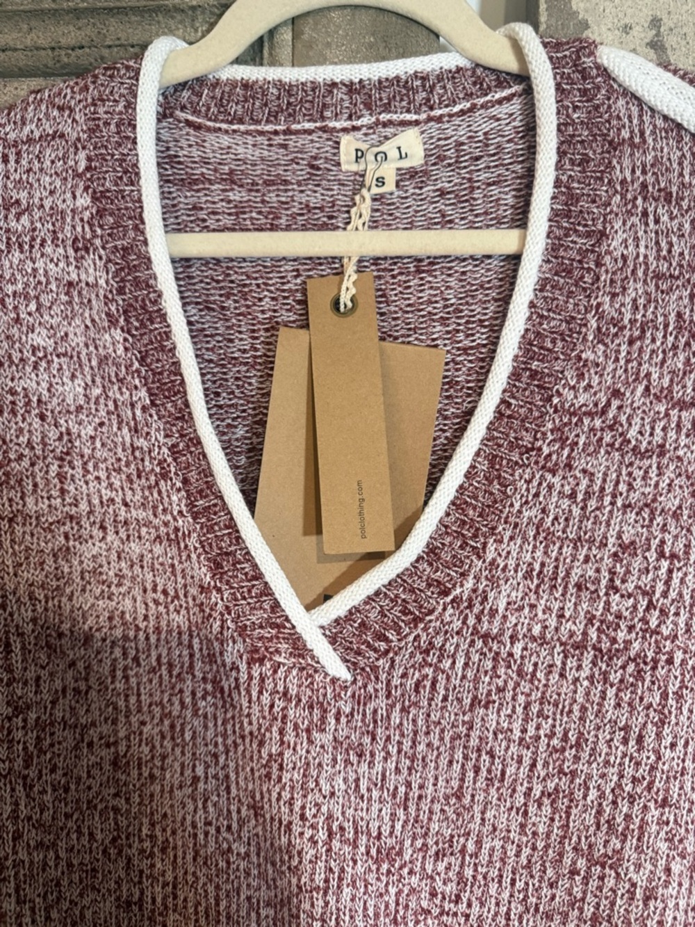 POL Marled Burgundy Wine V-Neck Sweater with White Trim - Picture 2 of 3